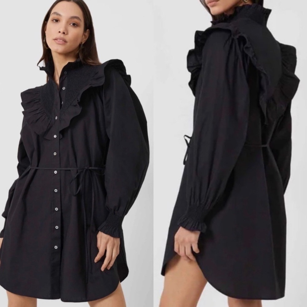 NWT French Connection Organic Poplin Smock Neck Button Front Mini Dress